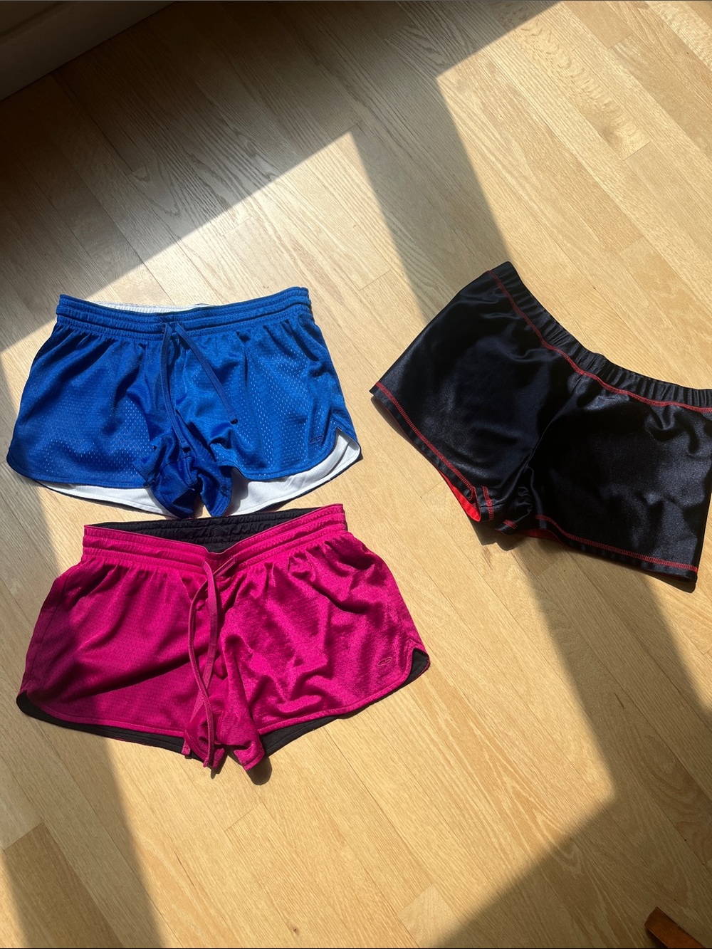 Set of Three Athletic Mesh Short Shorts- - Blue/White, Magenta/Black, Navy/Red